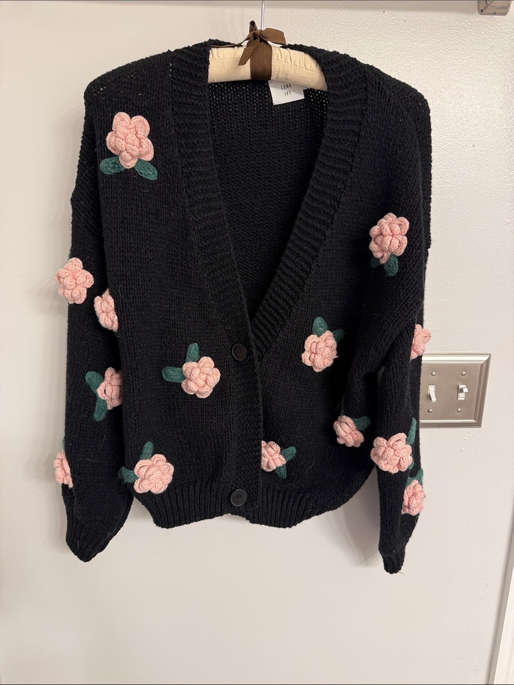 Black V-Neck Cardigan with Pink Floral Appliqués